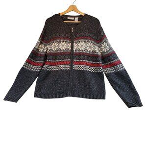 Vintage Croft & Barrow Snowflake Zip Cardigan Sweater Gray Size L Après Ski